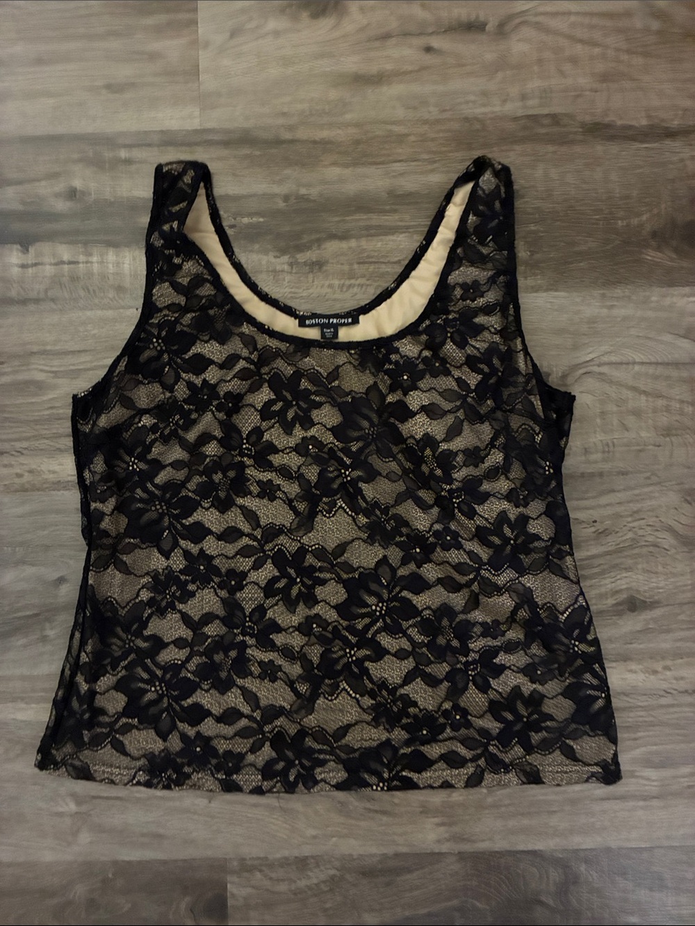Boston Proper Black Lace Overlay Tank with Nude Lining